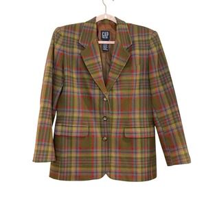 VTG Gap Wool Tartan Plaid Blazer Jacket Green Brown Academia Preppy 90s Size M